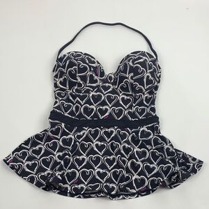 Betsey Johnson Black white Heart Halter Swim  Top Size Medium Ruffled Padded bra